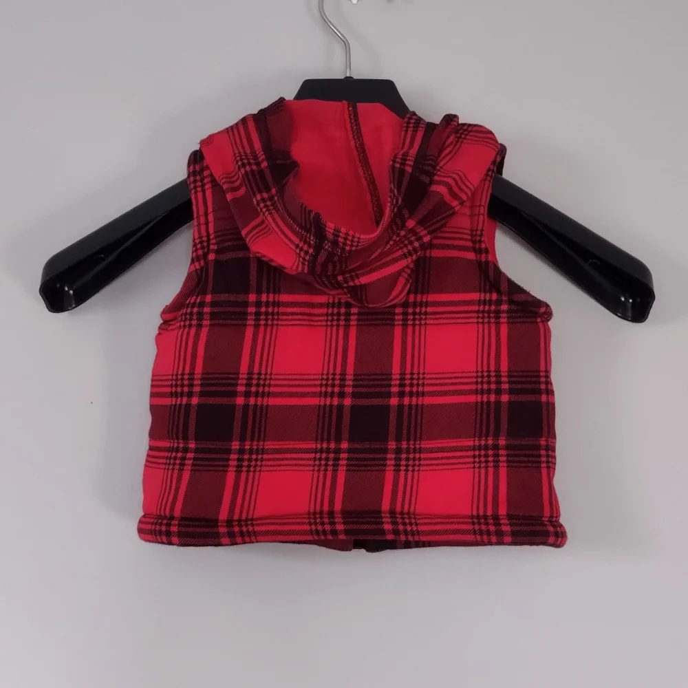 New Wonderkids 12M Red/Black Plaid Knit/Fleece Hooded Vest Jacket